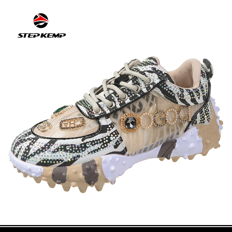 Sapatos de caminhada de malha de strass feminino moda respirável Spakle Glitter Sneaker