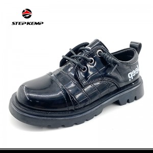Children Black Beige Leather Flat Foot Prevention School Shoes