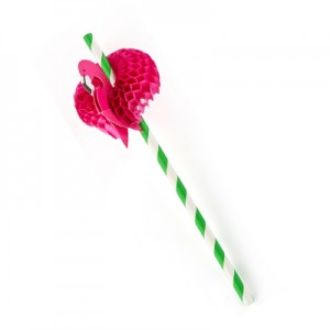 Green & White Striped Paper Flamingo Straw 8 Inch