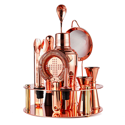 12 Piece Copper Plated Cocktail Set With Round Stand