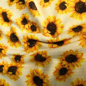Corak bunga matahari tekstil suerte menyesuaikan percetakan poliester spandex kain rajutan rusuk tersuai