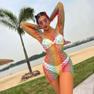 Colorful Hollow Out Fishnet Women’s Sexy Rainbow Color Bikini Cover Ups Stretchy Fishnet Swimsuit Bodystocking Top Skirts Outfits