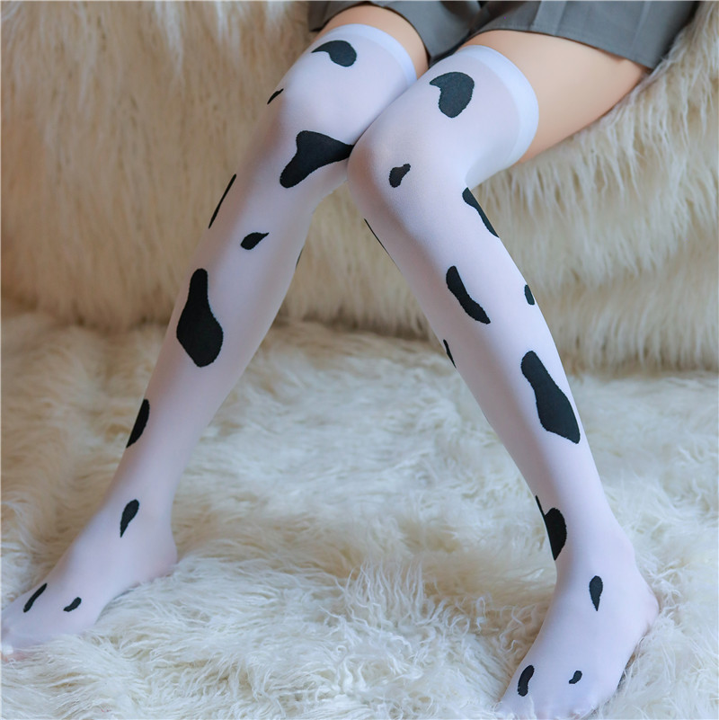 Women Cow Spotted Print Thigh High Stockings,Silky Over the Knee Long Socks,Cosplay Costume Hosiery
