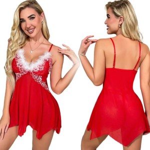 Women Sexy Santa Christmas Lingerie Feather Chemises Nightwear Outfits Sexy Bedroom Wear