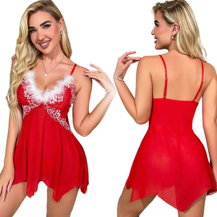 Women Sexy Santa Christmas Lingerie Feather Chemises Nightwear Outfits Sexy Bedroom Wear