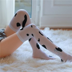 Women Cow Spotted Print Thigh High Stockings,Silky Over the Knee Long Socks,Cosplay Costume Hosiery