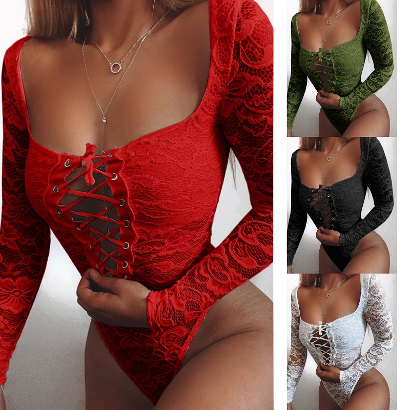 Sexy Harness Lingerie Women’s Sexy Square Neck Bodysuit Long Sleeve Double Shirt Tops