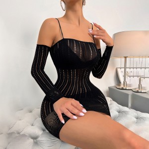 Hollow Out Off Shoulder Black Mesh Fishnet Dress Sexy Lace Bodystocking for Women and Girl