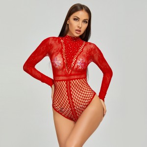 Women’s Sexy Rhinestone hollow out Bodystocking OEM add logo long sleeve For Party