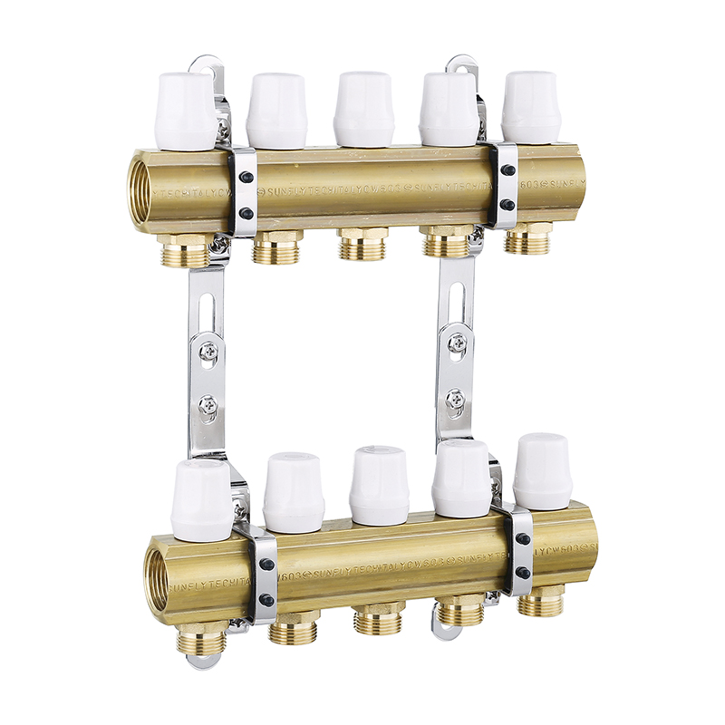 Brass floor heating manifold with drain valve and ball valve