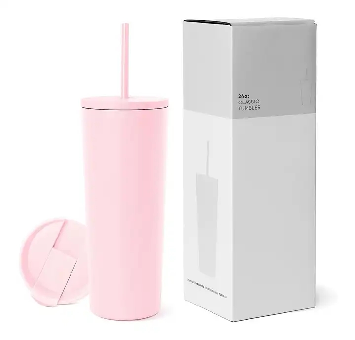 Custom printed insulated double walled stainless steel tumbler with straw