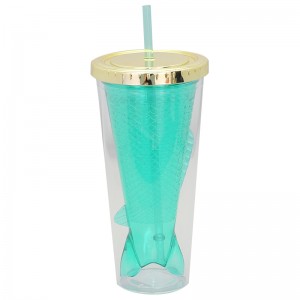 customized design 16oz Double wall plastic tumber with straw,fish shaped inner wall