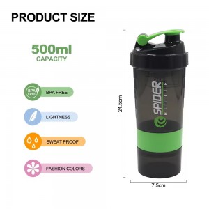 16oz Leak Poof Fitness GYM Sports Protein Mixes Shaker Bottle with Two Extra Compartments Portable Blender Bottle