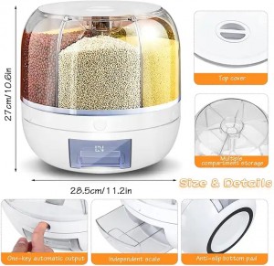 Kitchen Moisture-Proof 6-Grid Rotating Food Grain Dispenser Cereal Storage Box Rice Container Dispenser