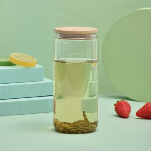 Drinking Glasses with Bamboo Lids and Glass Straw  – 16oz Can Shaped Glass Cups, Beer Glasses, Iced Coffee Glasses, Cute Tumbler Cup, Ideal for Cocktail, Whiskey