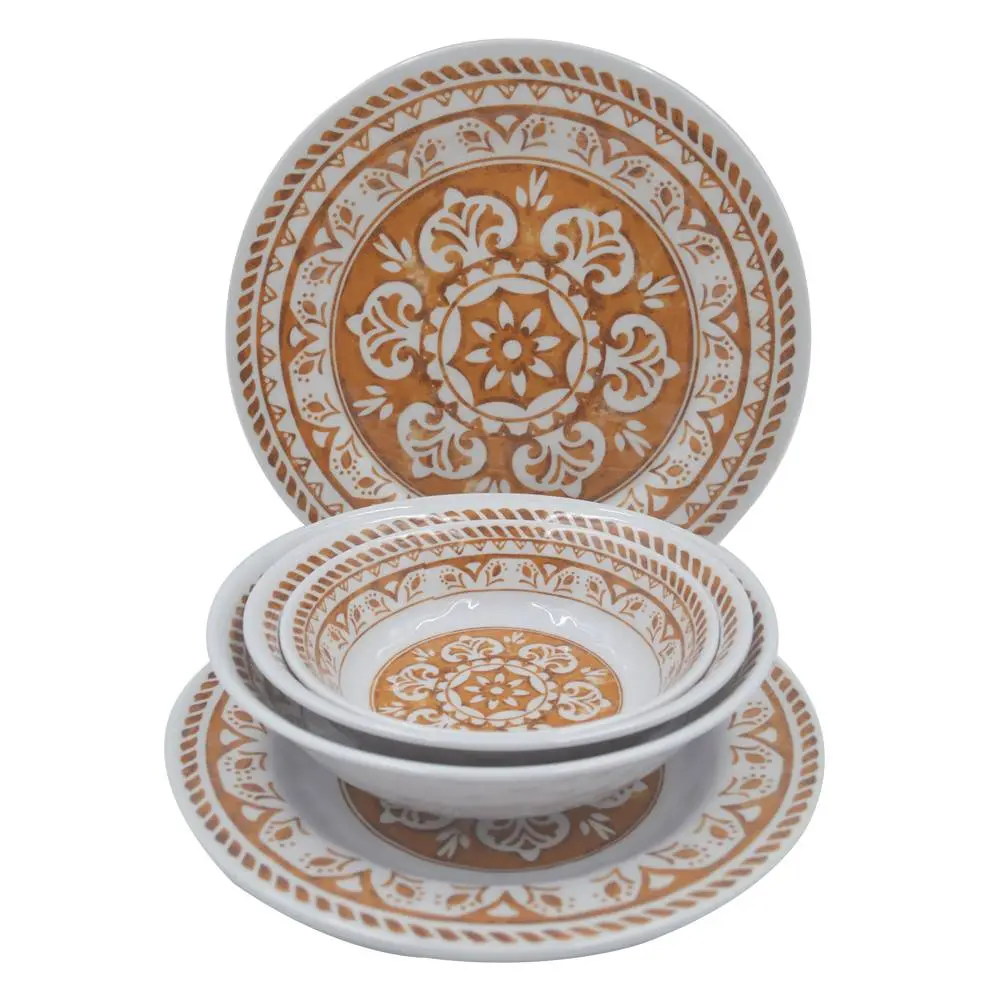Wholesale classic retro pattern design melamine plate and bowl dinner set