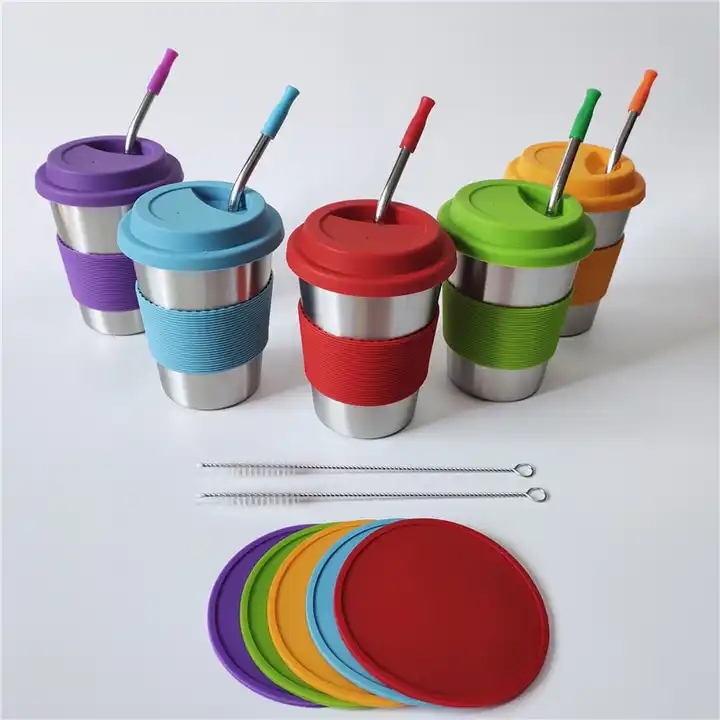 12oz Kids Stainless Steel Cups Colorful Drinking Tumbler Sippy Cup with Silicone Lids and Straws Metal Mugs