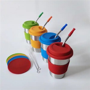 12oz Kids Stainless Steel Cups Colorful Drinking Tumbler Sippy Cup with Silicone Lids and Straws Metal Mugs