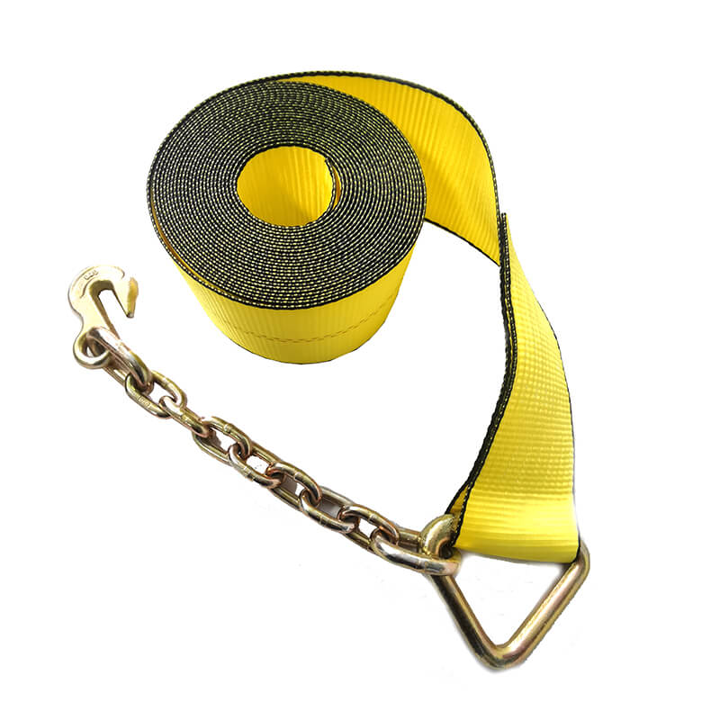 Winch strap with chain anchor