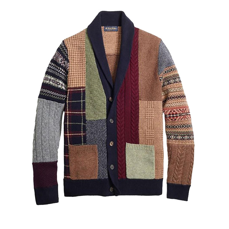 Men's custom knitted retro colored patch cardigan