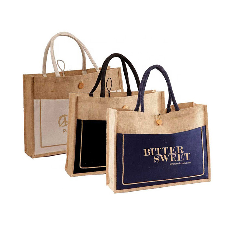 China High Quality Linen Jute Bag Pricelist –  colored External pockets, button closure, round handle tote jute bag – Shengyuan