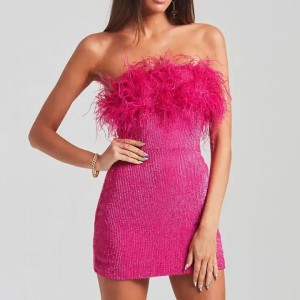 Summer Elegant Modest Sequin Mini Dress With Feather