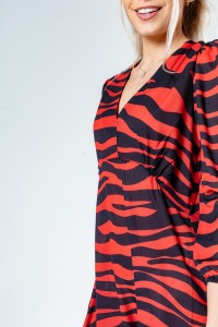Dress Wanita Custom Lengan Panjang V-Neck Brick Tiger