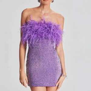 Summer Elegant Modest Sequin Mini Dress With Feather
