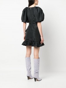 ब्लैक वी नेक पफ स्लीव रैप अनियमित हेम ड्रेस