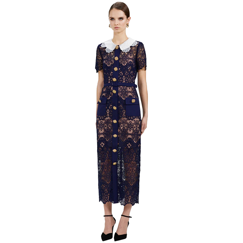 100% Original Cream Dress -  Custom Summer Turn-down Collar Vintage Lace Elegant Maxi dress – Siyinghong