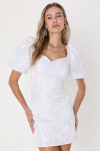 White Floral Jacquard Puff Sleeve Dress Manufacturer