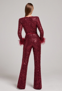 Fashion Plunging Neck Fuzzy Manset Payet Wanita Jumpsuit Set