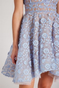 Κατασκευαστής αμάνικο φορέματος με μπλε διχτυωτό λαιμό