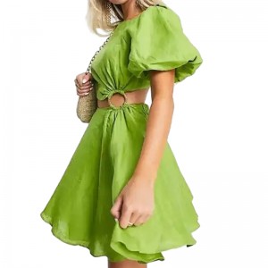 Custom Cut Out Puff Sleeve Linen Mini Dress