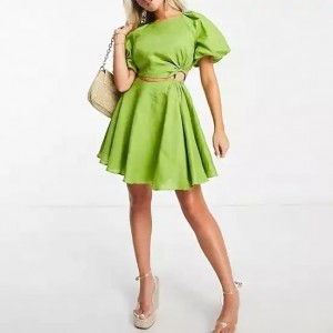 ብጁ Cut Out Puff Sleeve Lin Mini Dress