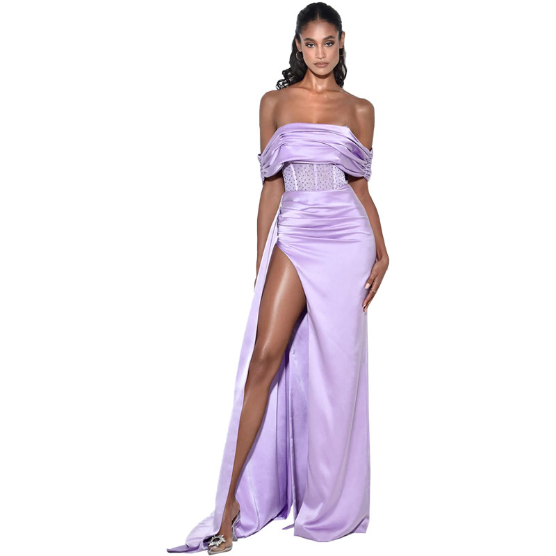Off Shoulder Corset Satin Maxi Gown In Purple Featured Image