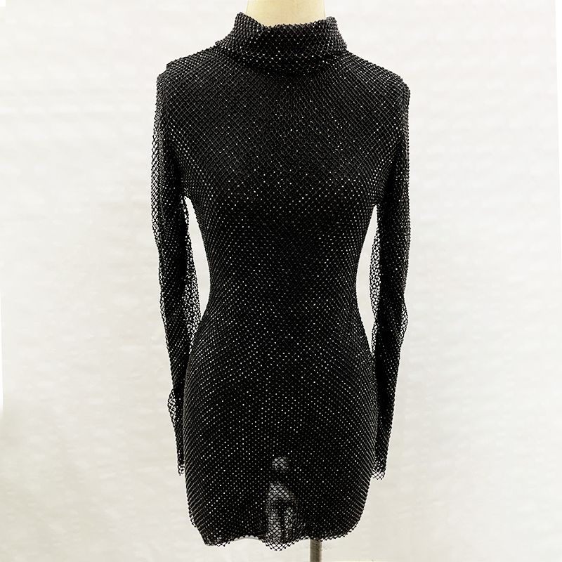 Online Exporter Church Dresses - Custom Design Black Crystal Transparent Midi Dress – Siyinghong
