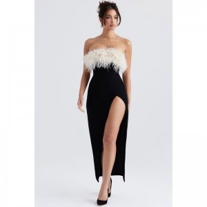 Custom Feather Corset Slit Evening Gown Maxi Dress