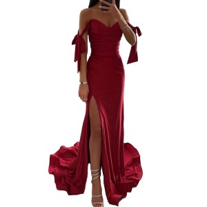 Wholesale Evening Red Slit Satin Dress