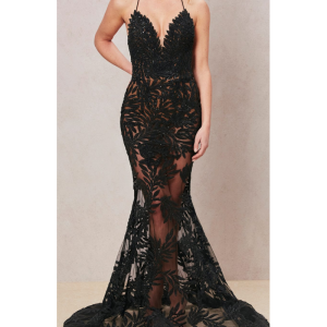 Προσαρμοσμένο φόρεμα με λαιμόκοψη μαύρο διαφανές διχτυωτό