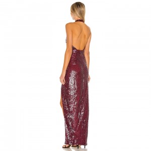 Burgundia sexy side split altiore sequin dress