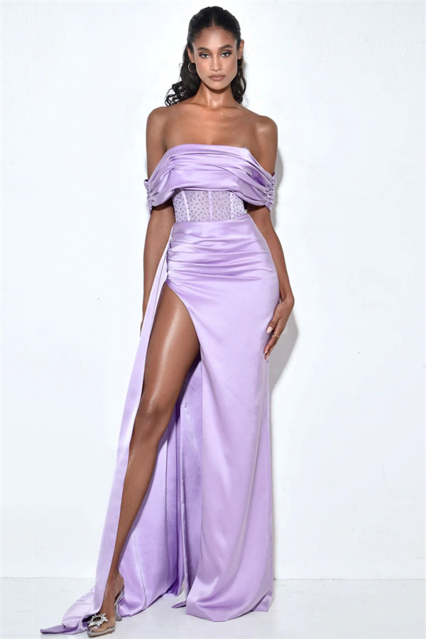 Off Shoulder Corset Satin Maxi Gown In Purple