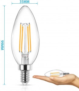 LED Filament Bulb Dimmable C35፣ ግልጽ የመስታወት ሽፋን፣ መካከለኛ ጠመዝማዛ E26/E27/E14 ቤዝ፣ ሞቅ ያለ ነጭ