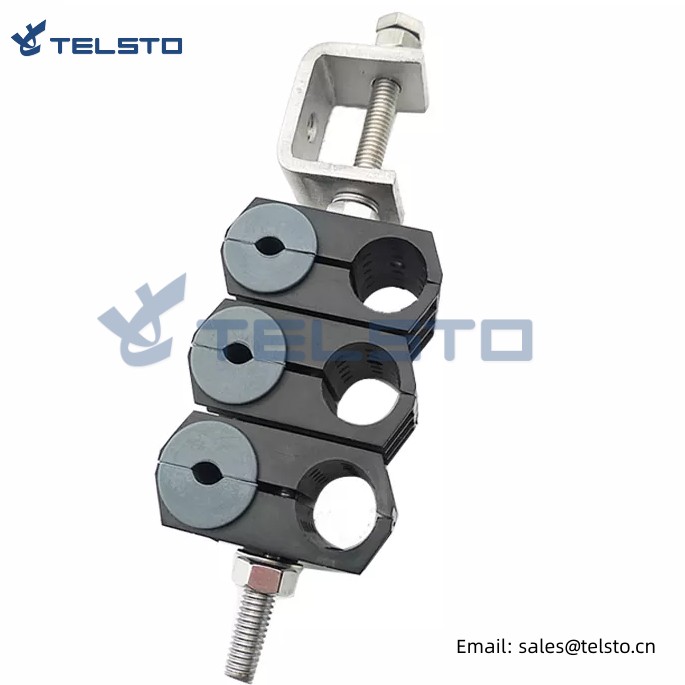 Optic fiber clamp for power cables (DC) and fiber optic cables (FO)