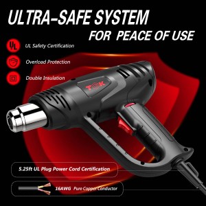 Heat Gun, TGK 1800W Heavy Duty Hot Air Gun Kit 122℉~1202℉ Dual Temperature Settings with 6 Nozzle Attachments Overload Protection for Crafts, Shrink Wrapping/Tubing, Paint Removing, Epoxy Resin