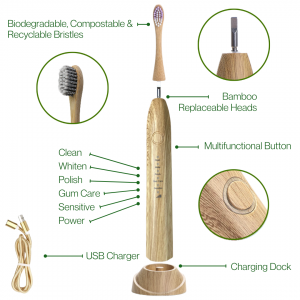 Zero Waste Biodegradable Soft Bristles Wireless Sonic Bamboo Electric Toothbrush (3 Replacement Heads)