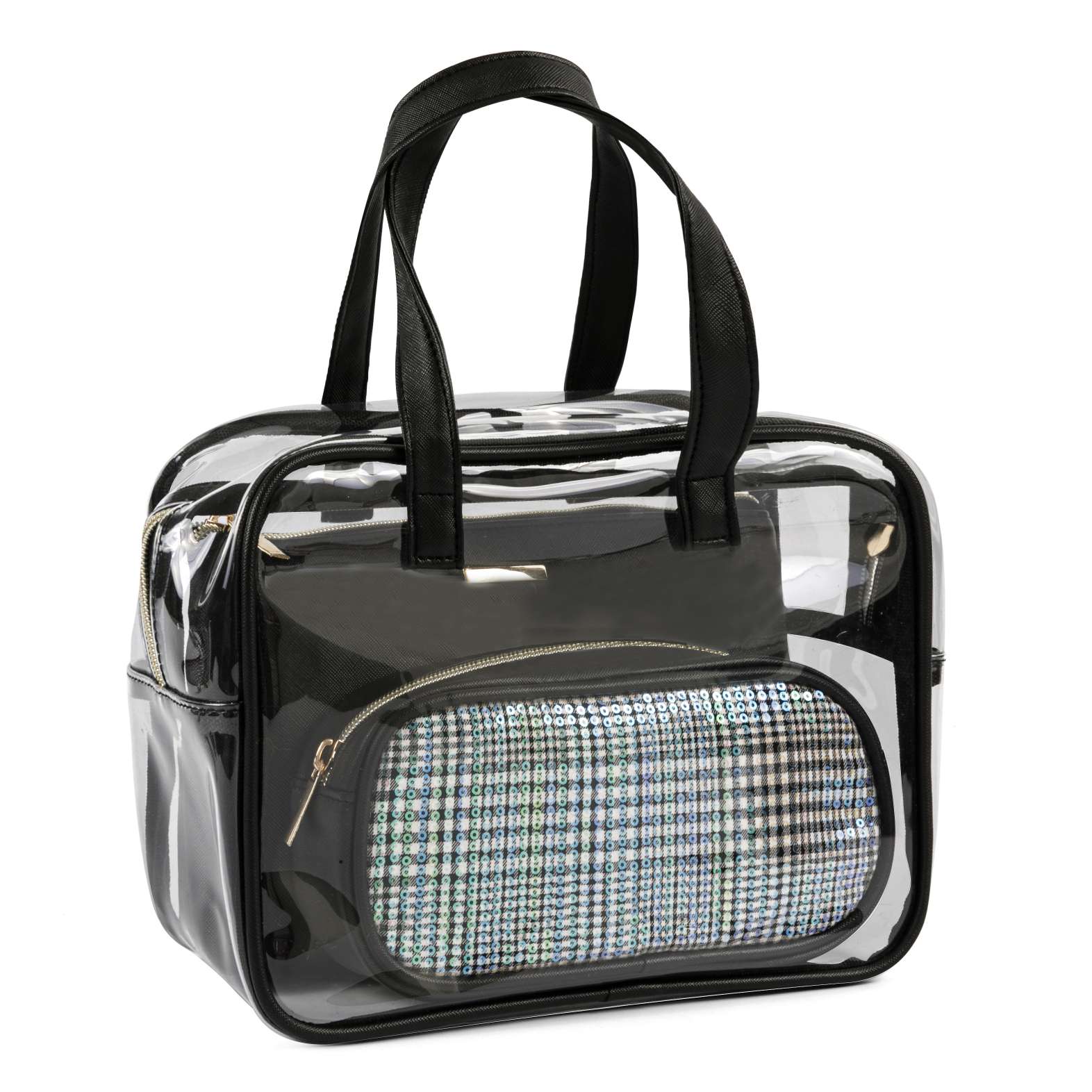 The widely used black grid sequin cosmetic bags have a zipper