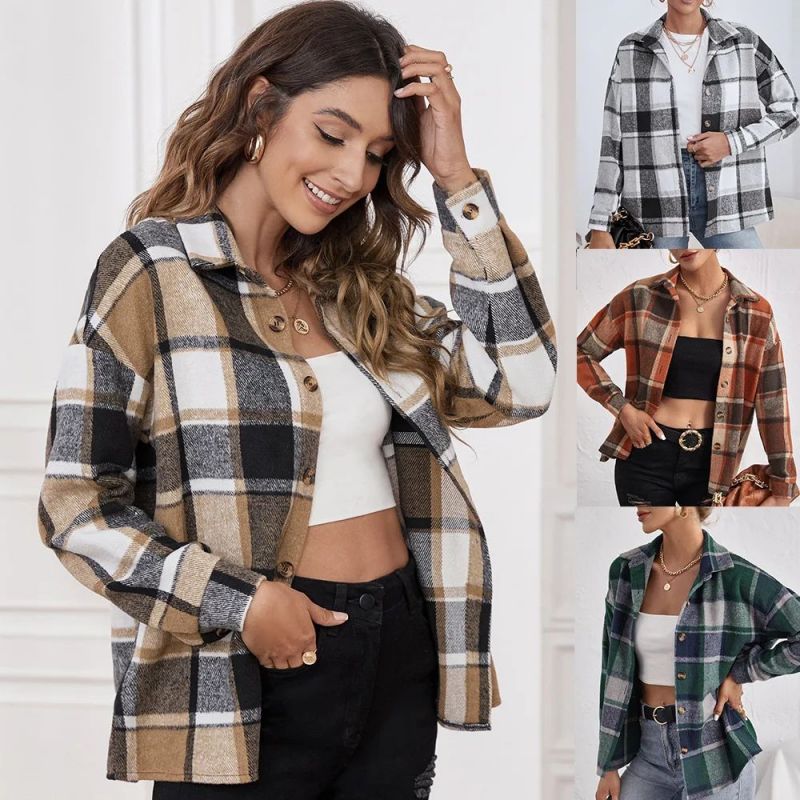 Tianyun Women’s Brushed Plaid Long Sleeve Flannel Lapel Button Down Shacket