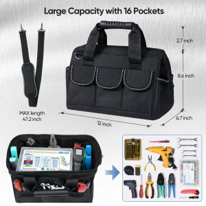 Tool kit, waterproof soft sole, multi-pocket wide mouth tool tote with safety reflective strap, adjustable shoulder strap