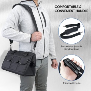 Tool kit, waterproof soft sole, multi-pocket wide mouth tool tote with safety reflective strap, adjustable shoulder strap